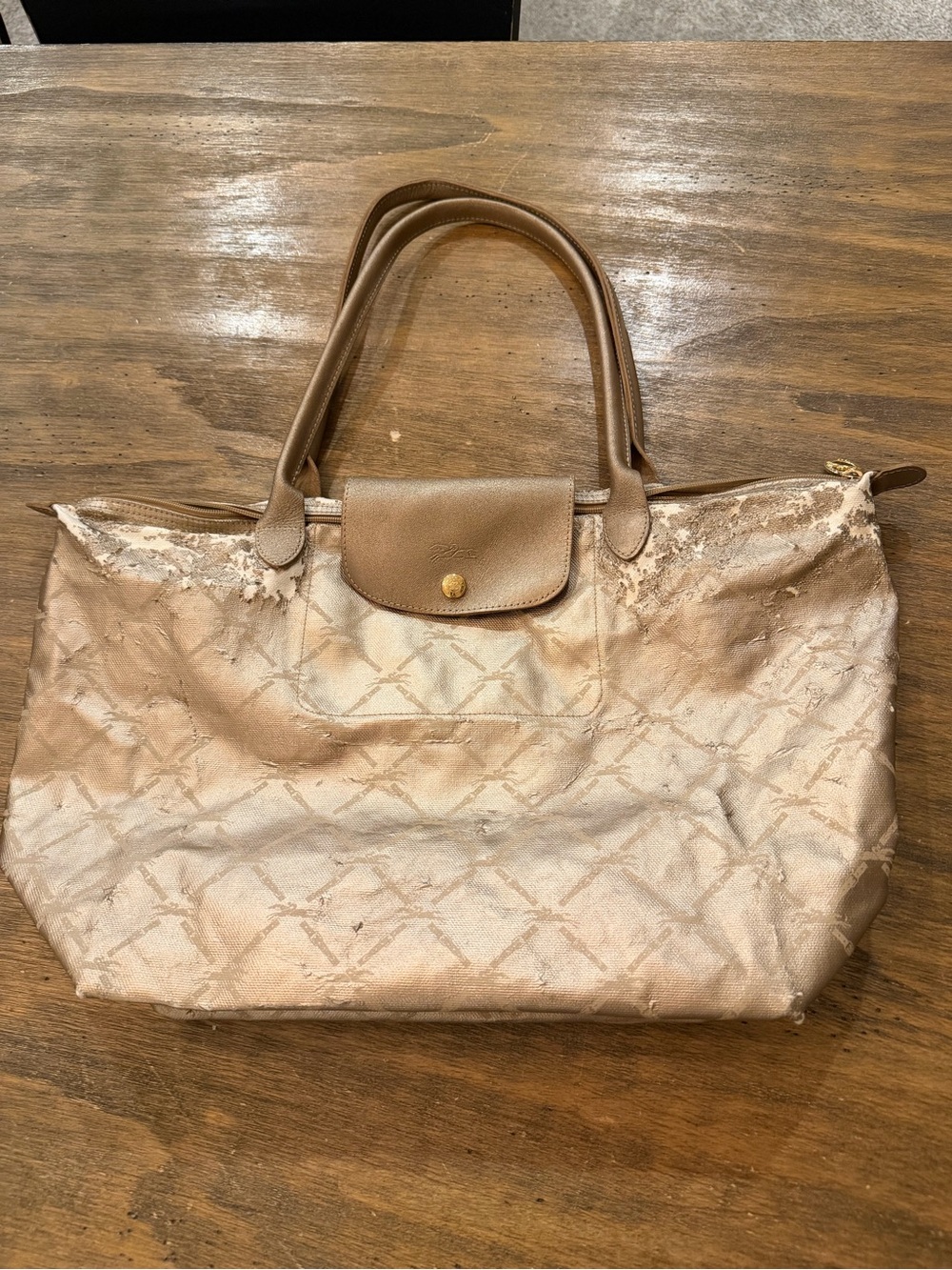 Longchamp JUNK Beige Women's Tote Bag with Leather Trim gold